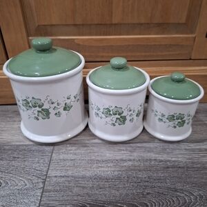 Vintage 3pc Corelle Ivy Callaway Canister Set, Green & White